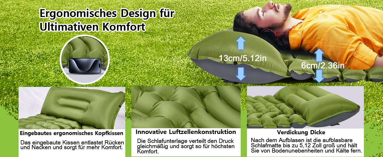 MEIJO Килимок для кемпінгу самонадувний, ізомат, туристичний килимок для сну, легкий, з насосом, для відпочинку на природі, у наметі, на пляжі, блакитний & сірий (зелений & сірий)