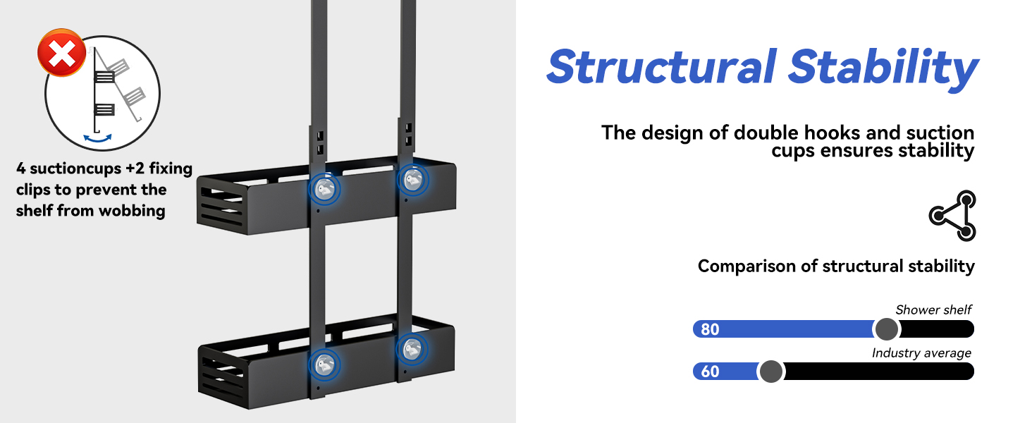 Настінна поличка для душу Hawsam з 2 кошиками та 4 гачками, без свердління, чорна
