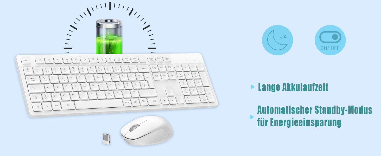 Бездротовий комплект клавіатури та миші Leadsail K786 з цифровою клавіатурою QWERTZ (німецька) - тиха клавіатура, 2.4 GHz, USB Nano приймач для ПК/ноутбука (білий)