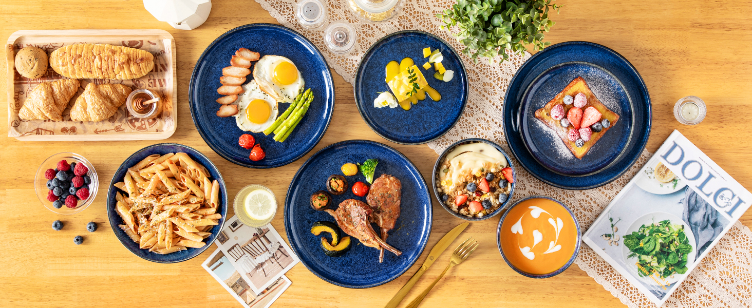 Vancasso Starry 24-Piece Blue Stoneware Dinnerware Set for 6 - Complete Tableware Set with Plates, Bowls