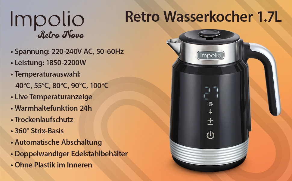 Чайник Retro Novo з регулюванням температури, чорний, 2200W, з LED-індикатором та подвійним корпусом з нержавіючої сталі