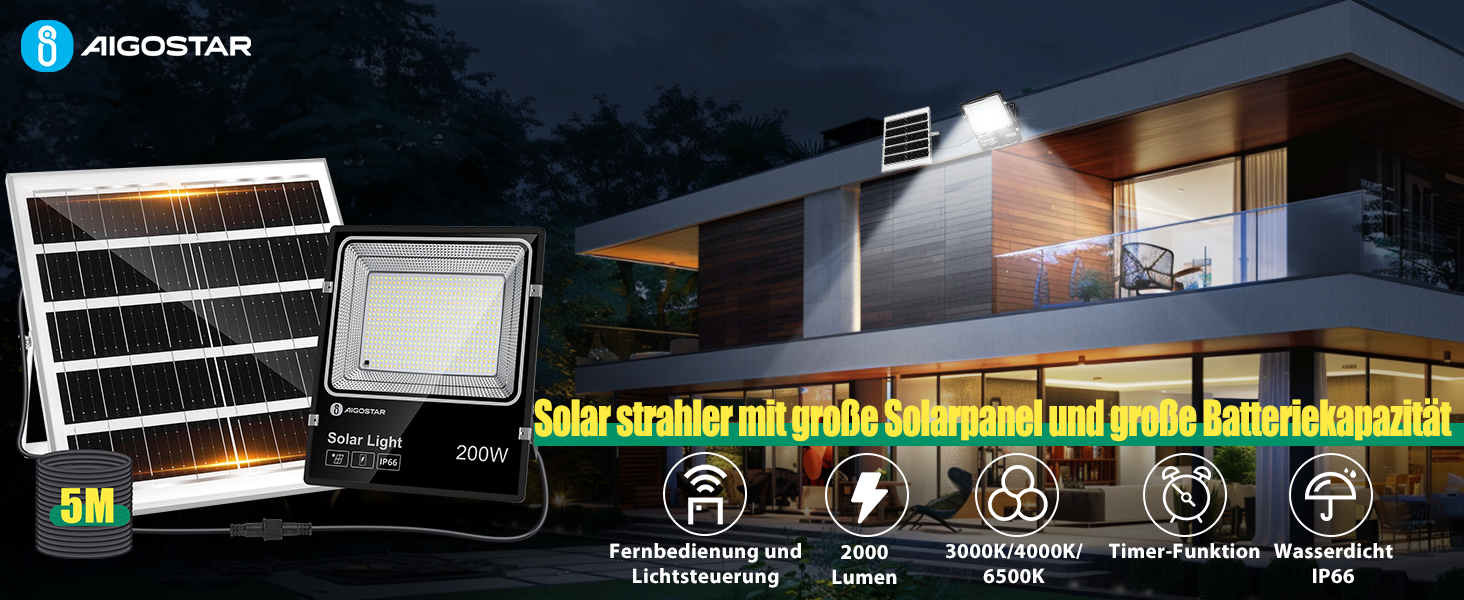 Світлодіодний прожектор Aigostar Solar для вулиці з великим сонячним модулем, димуванням 3000K/4500K/6500K, акумулятором 16000mAh, пультом ДУ, IP66, кабелем 5 м — сонячна лампа для саду та двору
