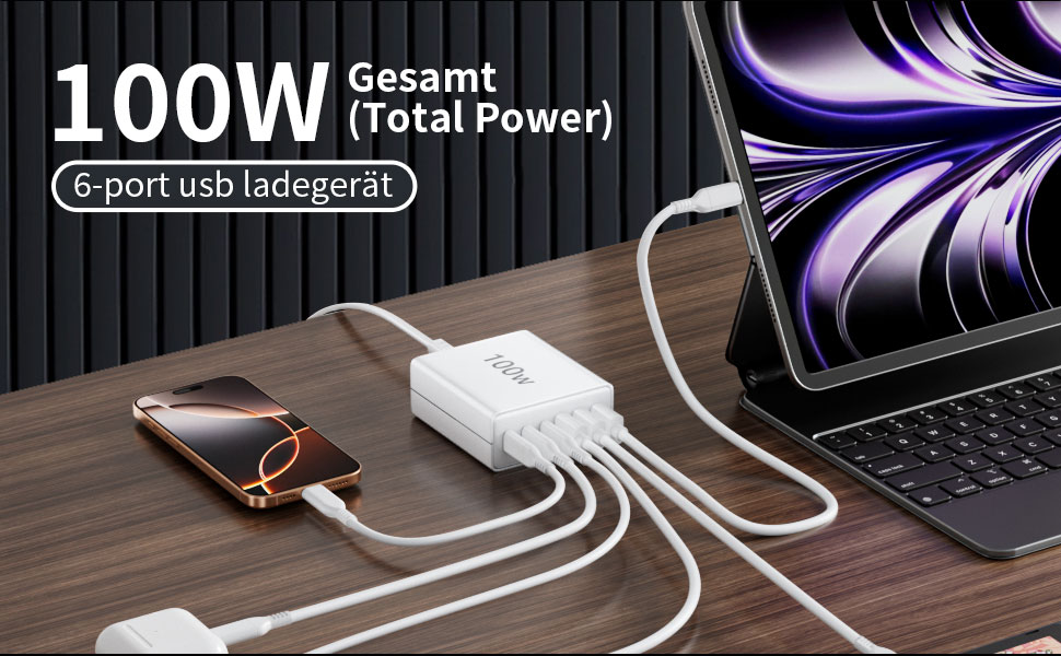 Мережевий зарядний пристрій HSSNS USB-C з 6 портами, 100W, для iPad, iPhone та смартфонів