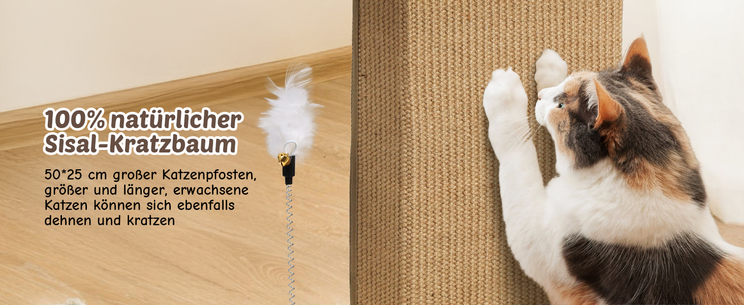 Котячий будиночок з дряпалкою Luxus: широка колона з берези, міцний, до 25 кг, сизаль, велике ліжко з подушкою з органічної льону, легко збирається, бежевий колір