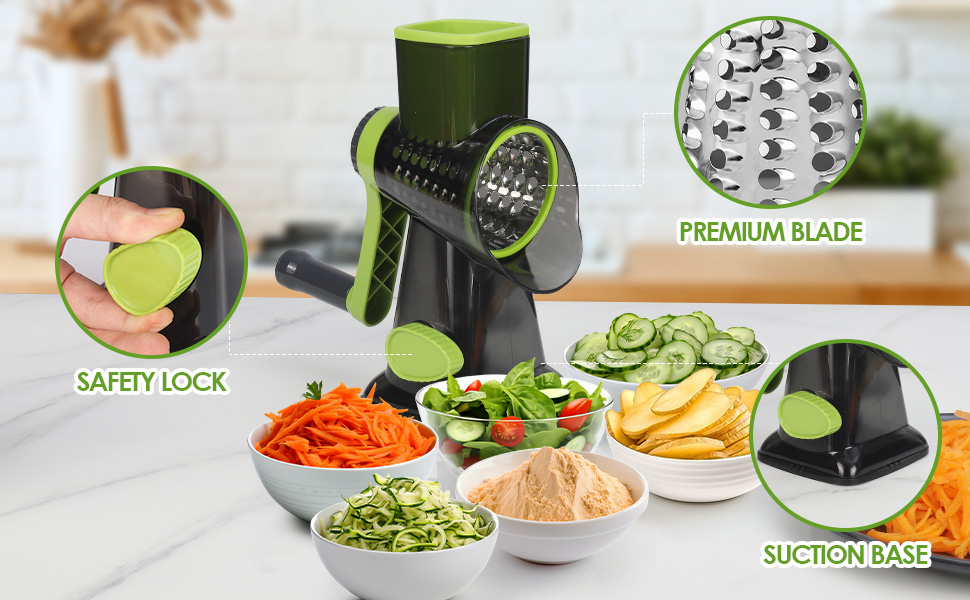 Ручна тертка для сиру та овочів Dreamhigh з ручкою, 3 змінні леза з нержавіючої сталі, для сиру, овочів, горіхів, моркви, ідеальна для огірків, білий (зелений)