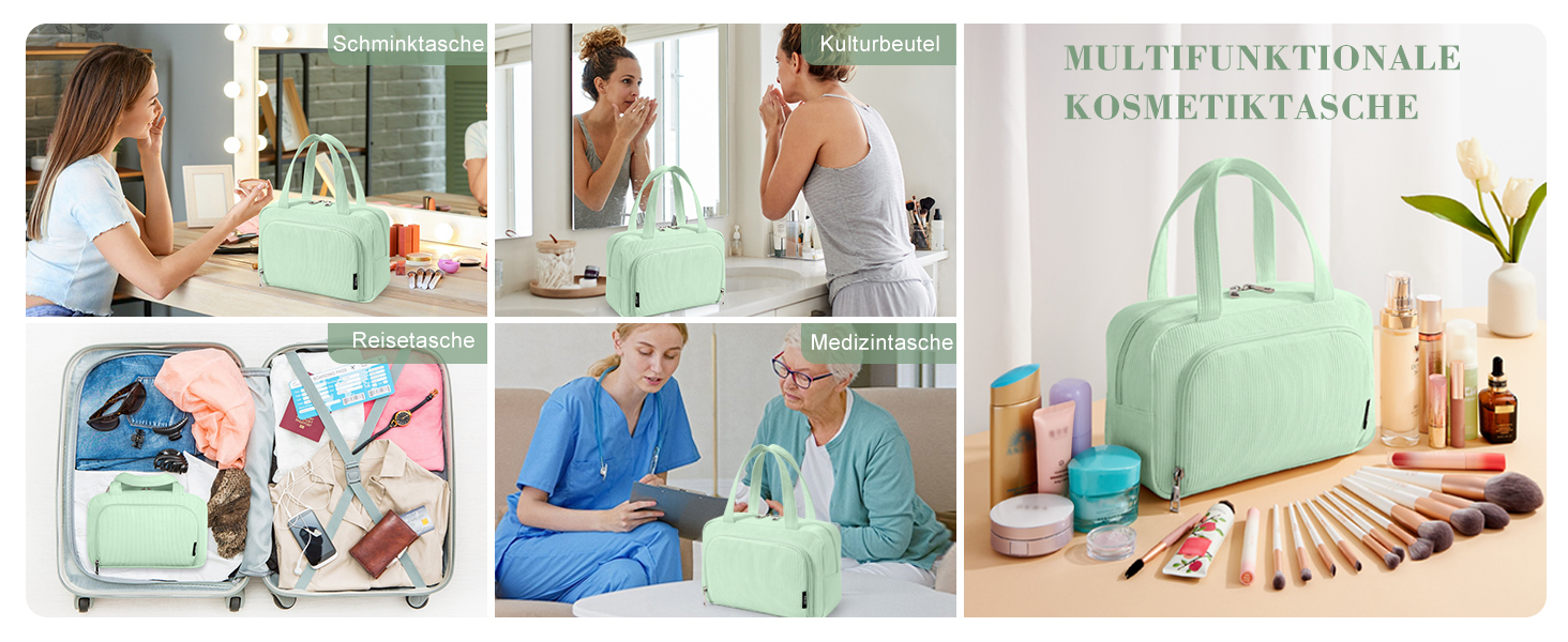 Косметичка жіноча Kalidi з багатьма відділеннями та відділенням для пензликів, велика, для подорожей, зелена (м'ятна)