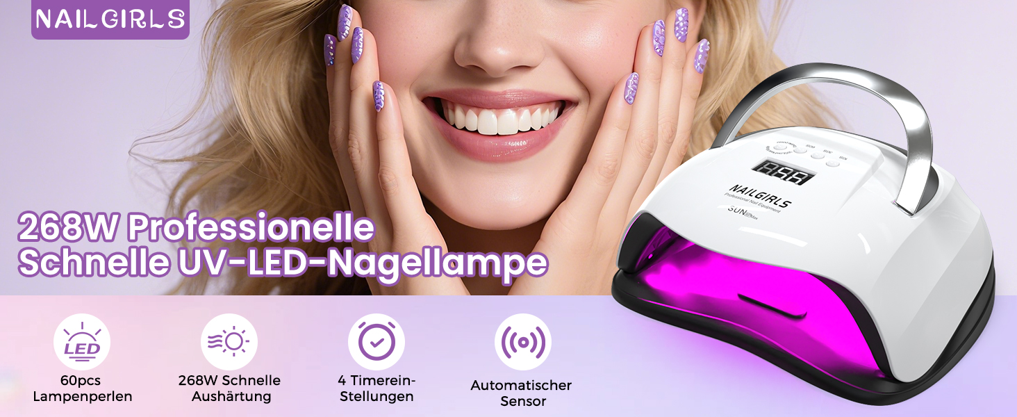 LED UV лампа для нігтів NAILGIRLS 150W з таймером, автосенсором та LCD дисплеєм. Підходить для гелевих нігтів пальців та ніг. Знімний магнітний майданчик.