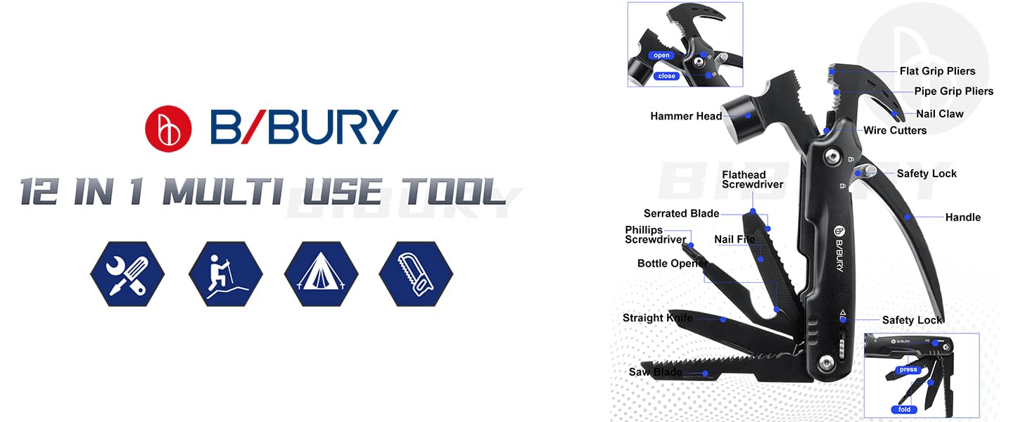 Мультитул BIBURY 12-в-1 для чоловіків: інструмент для кемпінгу, виживання, подорожей та дому