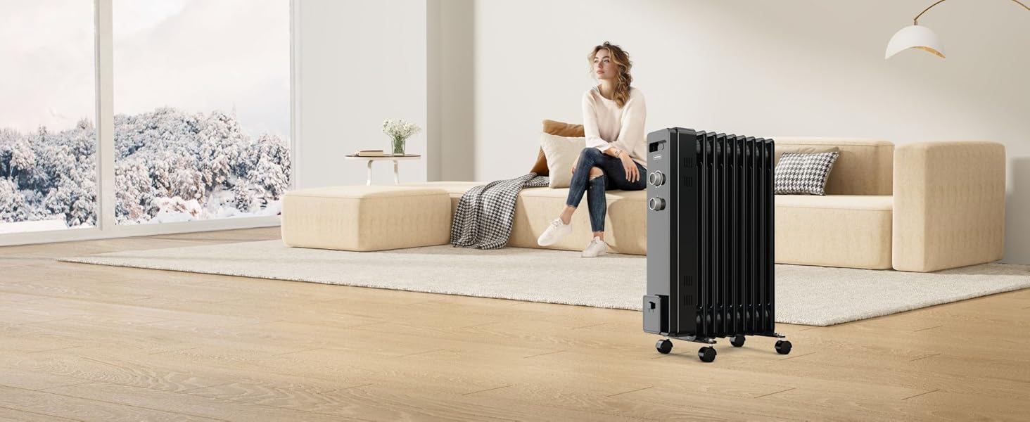 Масляний радіатор VonHaus 2000W з 9 ребрами, електричний, портативний, з термостатом, 3 режими нагріву, 4 колеса, 1.5м кабель (білий/чорний)