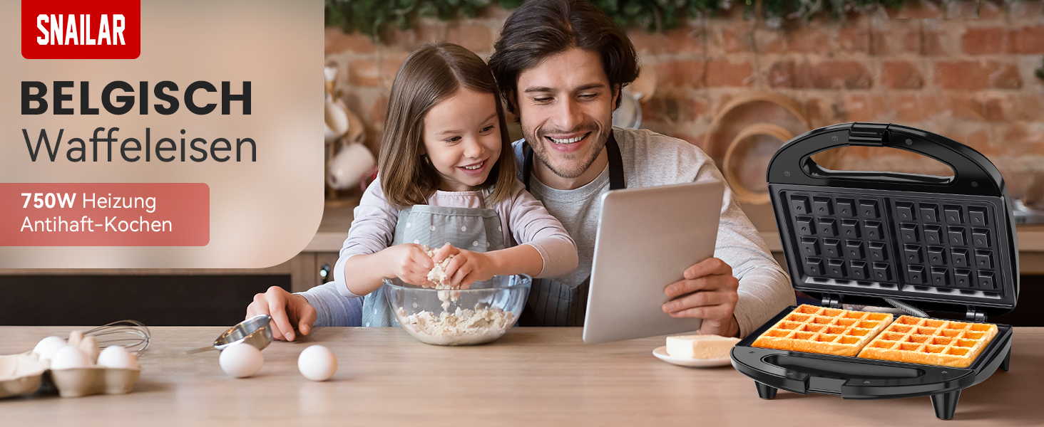 Вафельниця Snailar: компактна та стильна бельгійська модель 750W з антипригарним покриттям для хрустких вафель, 2 вафельні пластини