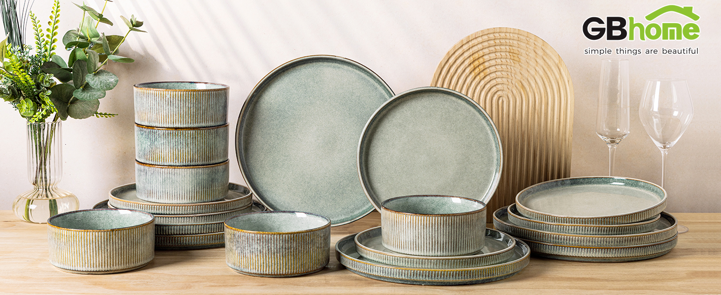 Набір посуду GBhome з реактивної глазурі для 6 осіб (18 предметів), ручна робота, керамічний посуд, безпечний для мікрохвильової печі та посудомийної машини, набір тарілок та мисок, колір Immergrün (Desret Salbei)