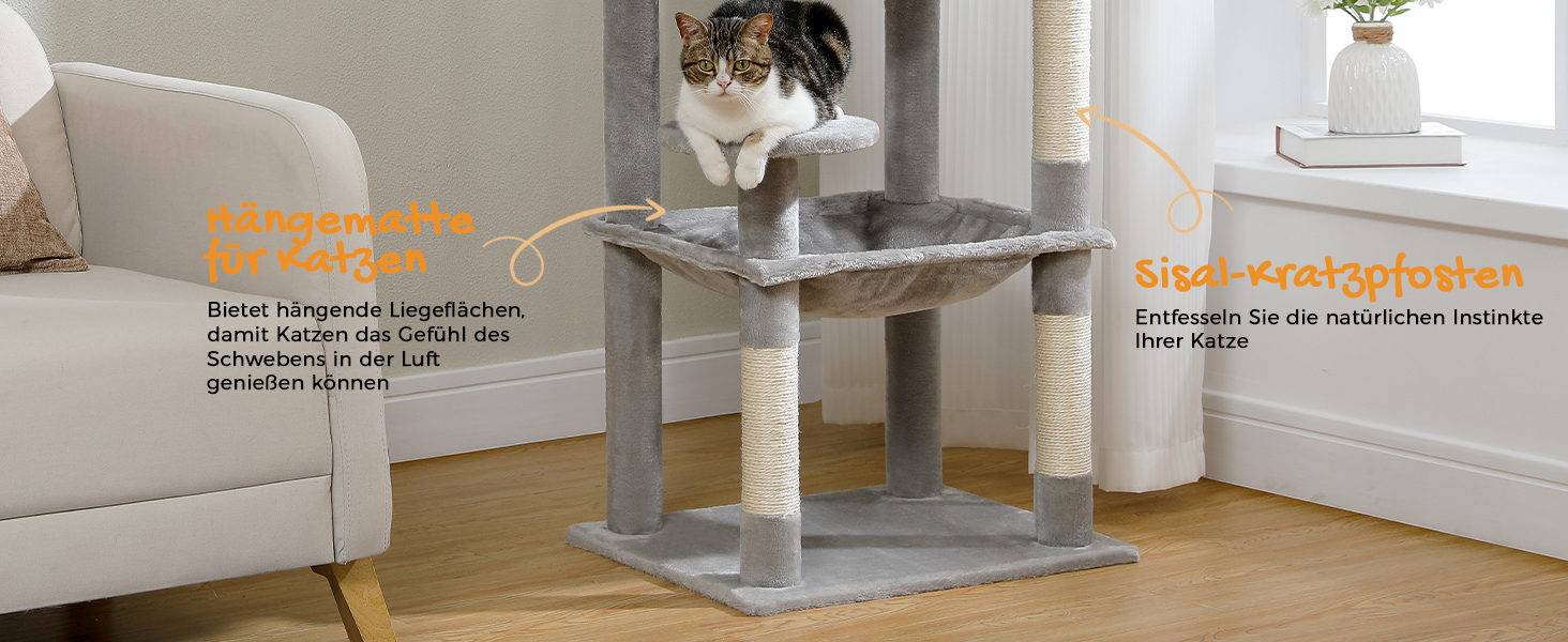 Комплекс для котів PAWZ Road з гамаком, будиночком та когтеточками, сірий, 143 см