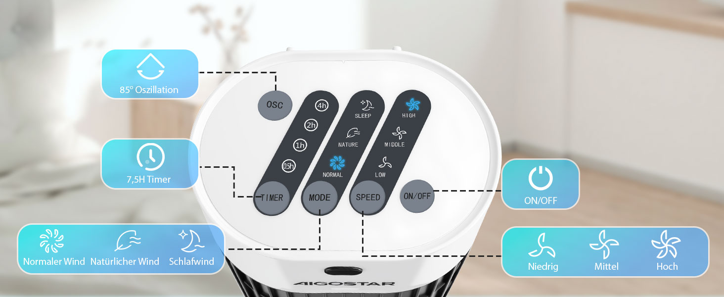 Вентилятор вежовий Aigostar Leise Turmventilator 76 см з осциляцією та таймером, 45 Вт