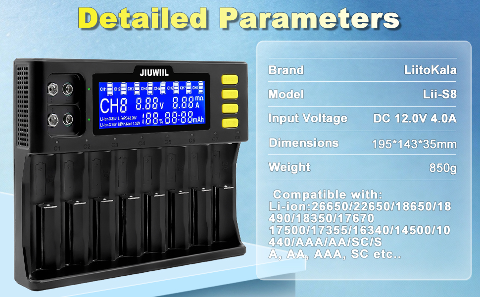 Зарядний пристрій JIUWIIL для акумуляторів 18650, Li-Ion/LiFePO4 (8+2 слоти) з LCD-дисплеєм – швидка зарядка 26650, 17500, 16340, 14500, 10440, 9V