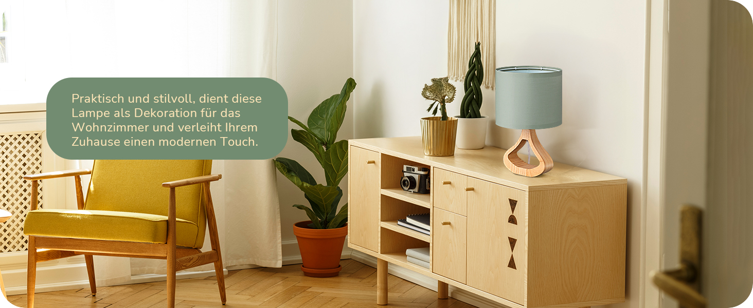 Дерев'яна настільна лампа EDISHINE з абажуром з льону, Е27, для вітальні, спальні, в стилі кантрі [Енергоклас F], колір: зелений льон