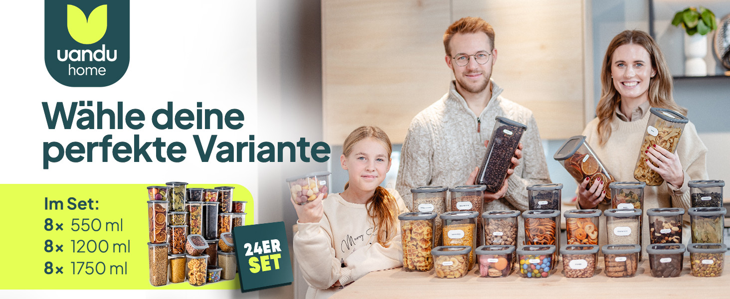 Контейнери для зберігання Uandu з кришкою, герметичні - набір 12 шт. | Організація кухні, зберігання продуктів | Без BPA | Кухонні контейнери для сухих продуктів (18 Mix-сірий)