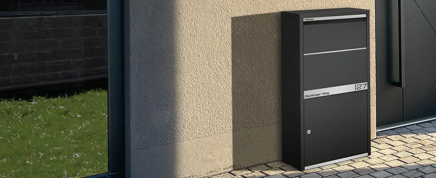 Поштова скринька Metzler персоналізована з гравіюванням, нержавіюча сталь, відділення для газет, замок, вологостійка, антрацит RAL 7016, настінний монтаж 37x37x10.5 см