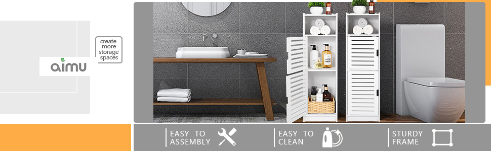 Aimu waterproof bathroom cabinets, bathroom storage units with open storage shelves, freestanding floor cabinets, corner organizers for bedroom, kitchen, hallway, white, 74x20x24 cm