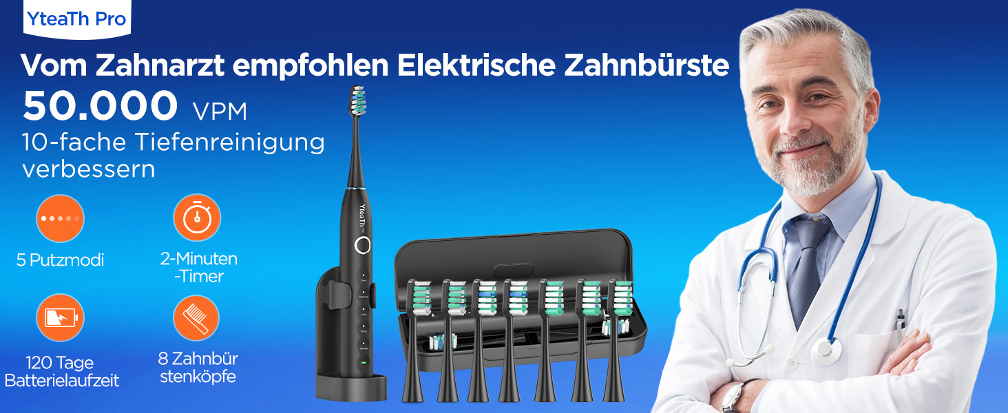 Електрична зубна щітка зі звуковими вібраціями, 8 насадок (3 типи), таймер, 120 днів роботи від акумулятора, 5 режимів чищення, чорний колір, для дорослих, з зарядною станцією
