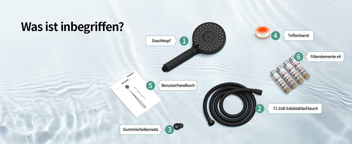 Душова лійка SR SUN RISE з фільтром, шланг та картриджі, 9 режимів, високий тиск, для жорсткої води, видаляє хлор, важкі метали, бактерії, чорний колір