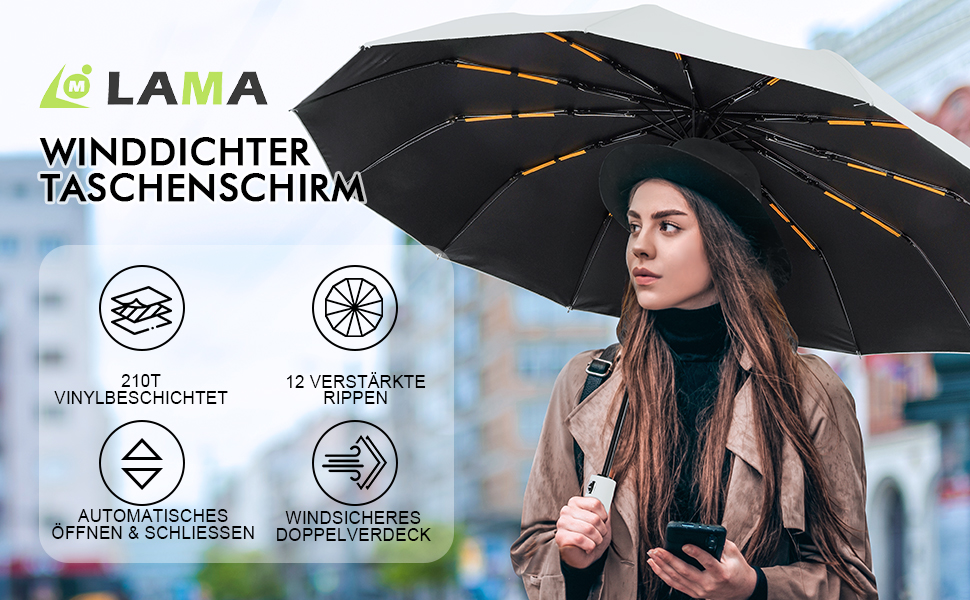 Зонт LAMA Klappschirm: Стійкий до вітру, автоматичний, 105 см, 12 спиць, анти-UV, для гольфу, Bergahornbeige