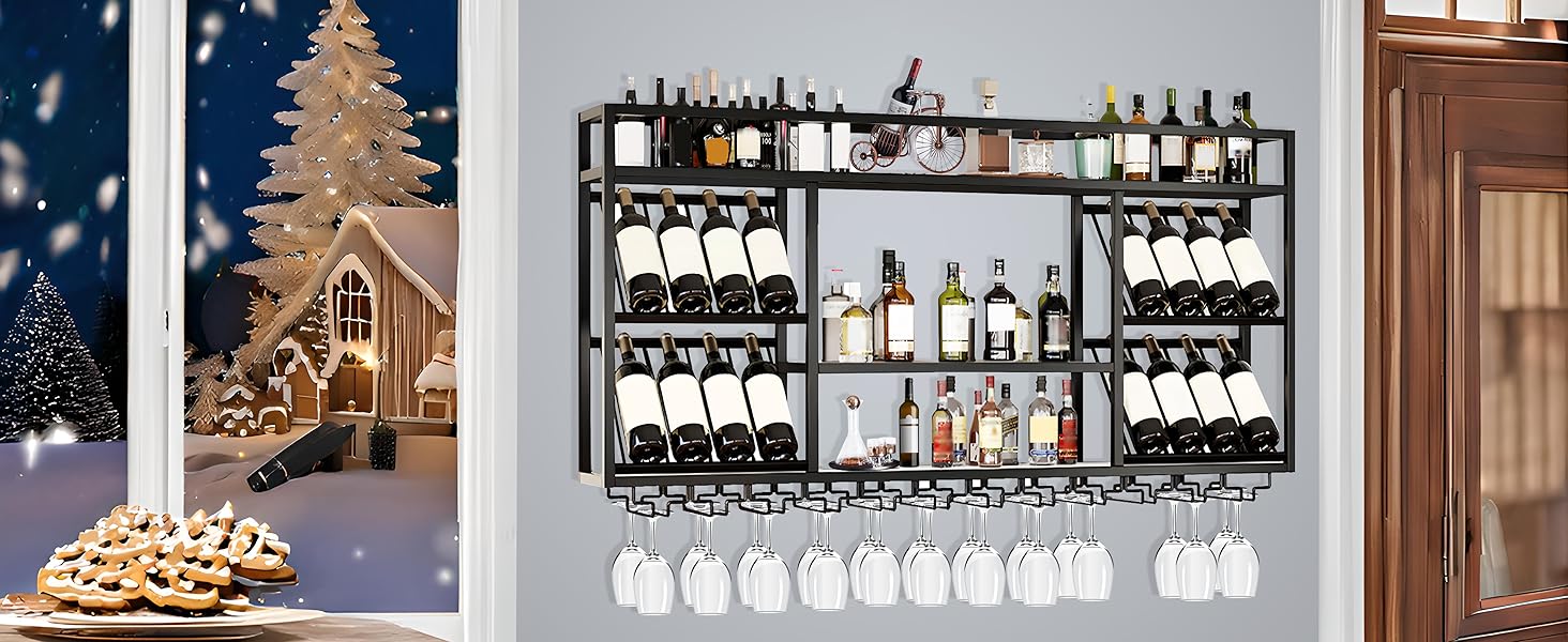 Настінна вітрина для вина з тримачем для келихів, 3-ярусна, металева вітрина в стилі рустік для напоїв, для домашнього бару, зберігання вина на кухні (Чорний, 100см)