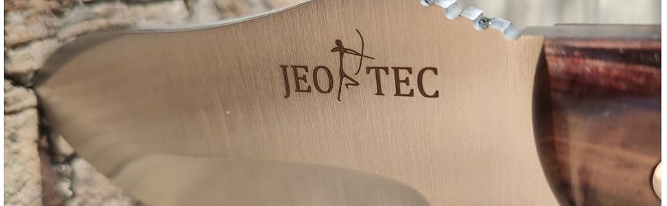Ніж для кемпінгу та виживання JEO-TEC №35, сталь MOVA, шкіряний чохол, кресало, точилка, чорна мікарта
