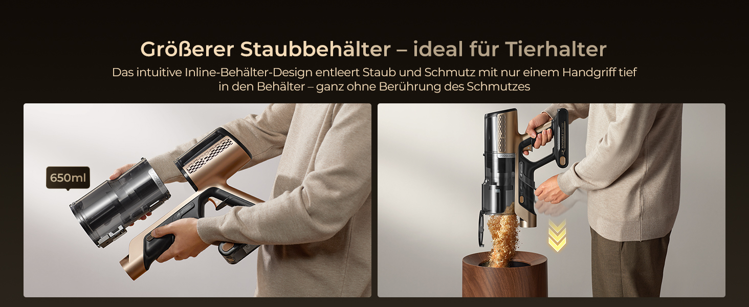 Бездротовий пилосос Proscenic P20 з функцією миття, 70KPa, 70 хв, 680W, самостійна док-станція, фільтр 6 шарів, 1,5л, для килимів та шерсті домашніх тварин, Aurum Black