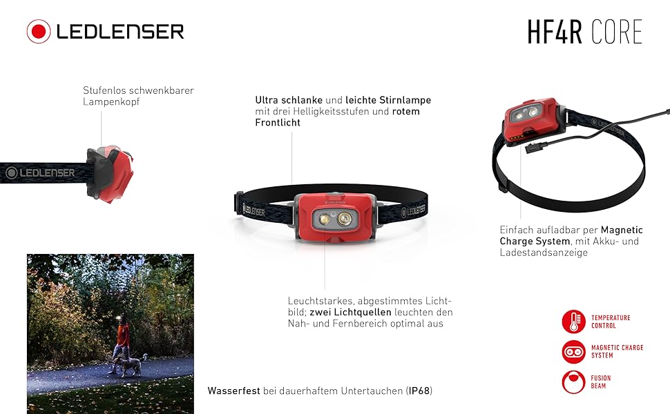 Ledlenser Rechargeable Headlamp | LED Headlamp 500 Lumens | Adventure Headlights Waterproof with Red Light | Outdoor Headlamp | Headlamp | Waterproof Head Flashlight IP68 (HF4R Core, Red)