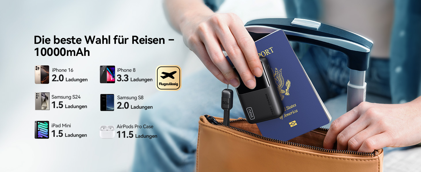 Портативний зарядний акумулятор INIU Power Bank 45W 10000mAh з USB-C кабелем, чорний. Підтримка iPhone, Samsung, MacBook, iPad та інших пристроїв.