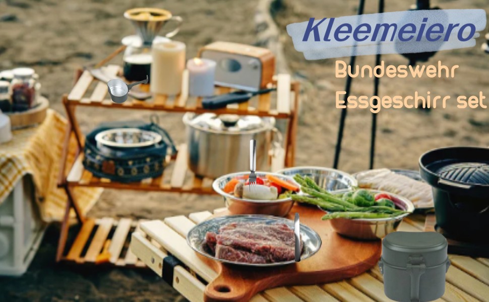 Набір посуду Bundeswehr: термостійкий, для кемпінгу, приготування їжі на відкритому повітрі, з алюмінію, для виживання, армійського користування. Включає столові прибори з відкидним ручками.