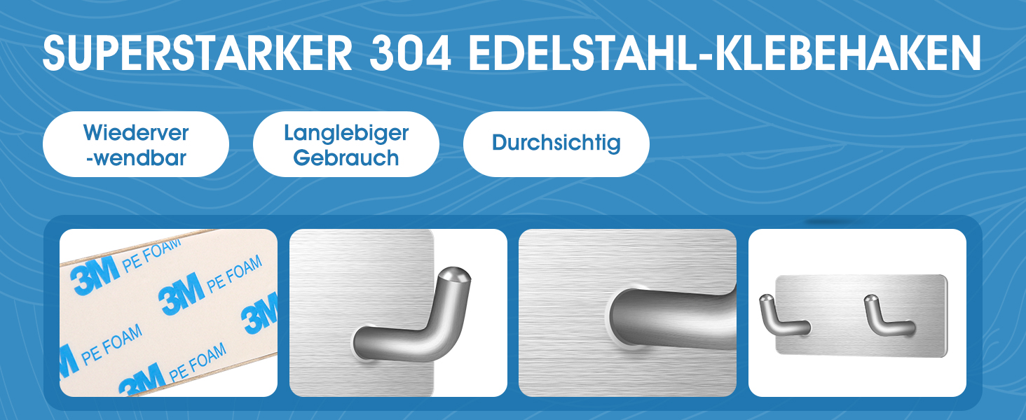 Набір гачків для рушників без свердління, 10 шт., самоклеючі гачки з нержавіючої сталі 304, надміцні клейкі гачки для великих предметів, гачки для стін без свердління для ванної, туалету та кухні, стійкі до корозії, гачки для рушників (подвійні *6)
