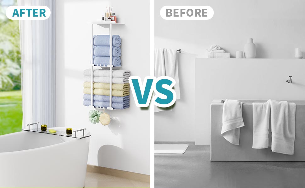 Тримач для рушників без свердління, настінний, з 6 гачками та полицею для ванної кімнати/кухні, матовий, для гостей, білий