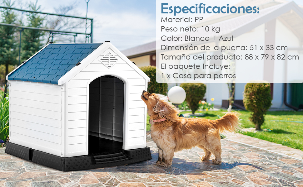 GYMAX Будка для собак на вулицю з похилим дахом та піднятим дном, пластикове собаче будиночок, вологостійка собача будка в стилі кантрі (Білий + Синій, 72,5 x 66 x 70,5 см)