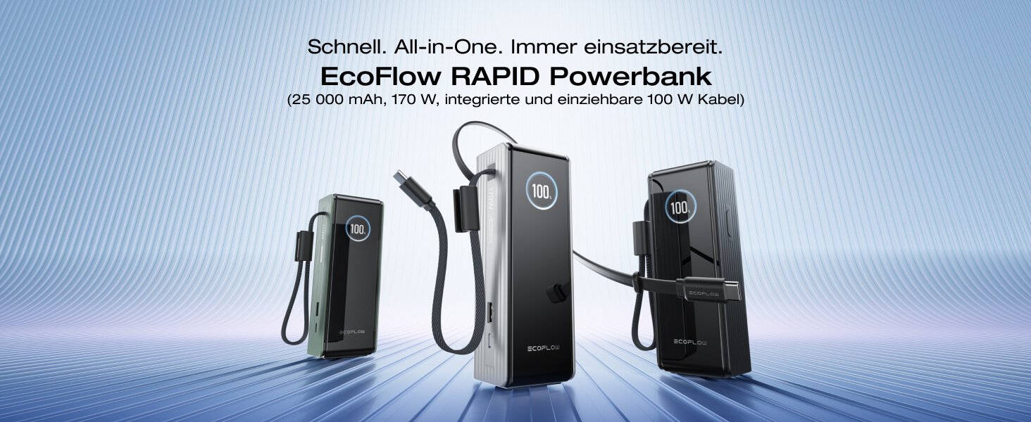 EcoFlow Powerbank 25000mAh 170W: портативний зарядний пристрій з вбудованим кабелем 100W USB-C для ноутбуків та смартфонів (iPhone, MacBook, Samsung), чорний