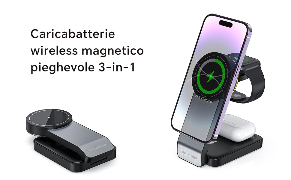 Бездротовий зарядний пристрій TigraTigro 15W Qi, складаний, швидка зарядка для iPhone 16/15/14/13/12, Samsung Galaxy, Google Pixel, тримач для навушників, компактний (Срібний/Чорний)