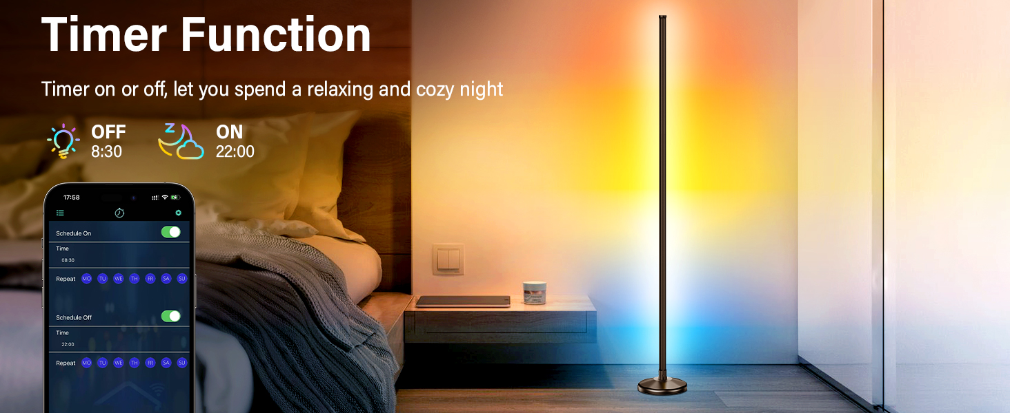 LED торшер для вітальні 145 см RGB, диммування, керування пультом/APP, 16 млн кольорів, 300 режимів, музичний режим, DIY, чорний