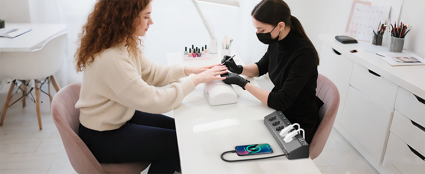 Мережевий адаптер PASSUS з 5 розетками, 2 USB-C (PD 30W), захист від перенапруги, індивідуальне вмикання, 10-в-1, з кабелем 2м, для офісу, чорний