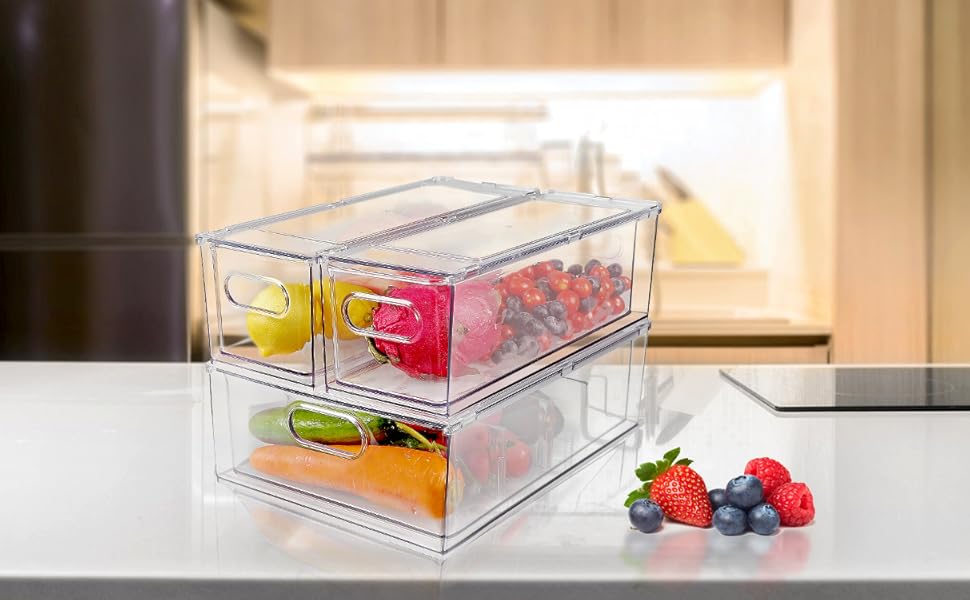 Refrigerator Organizer Drawer Set with Handle, 3-Piece Stackable Kitchen Storage Boxes with Pull-Out Drawer & Lid for Vegetables, Berries, Meat | PET Plastic Food Storage Containers