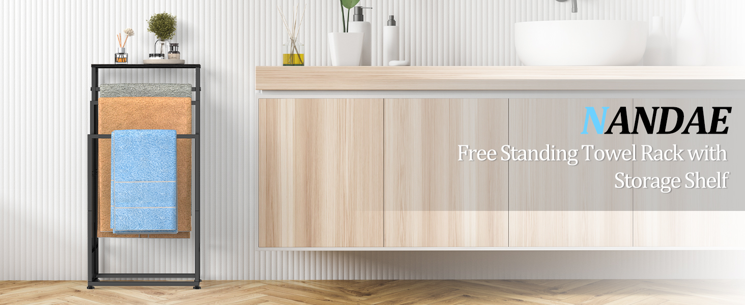 Підставка для рушників стояча, 3-ярусна з полицею з дерева, металева з регульованими ніжками, для ванної кімнати та спальні, 40x30x82 см, чорна