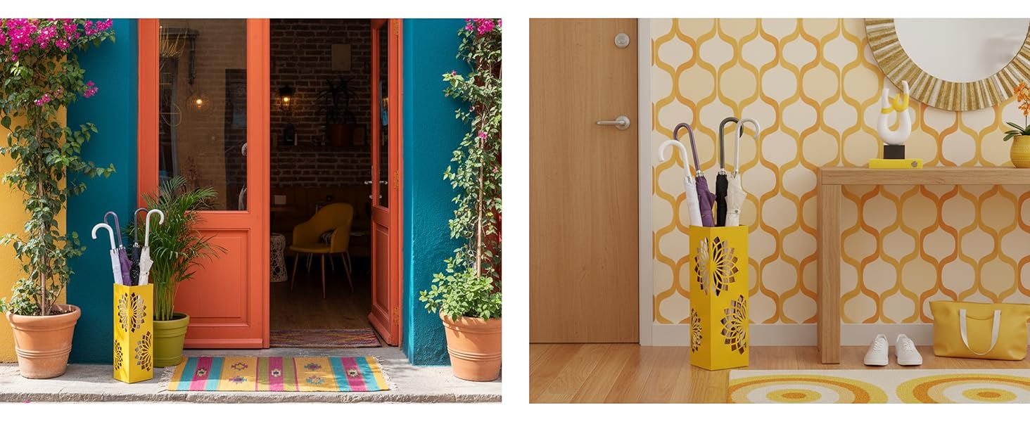 Підставка для парасольки Baroni Home з сучасним дизайном, металева з мандалою, 2 гачки та знімна ємність для збору води, 16 x 16 x 49 см, зелений (жовтий)