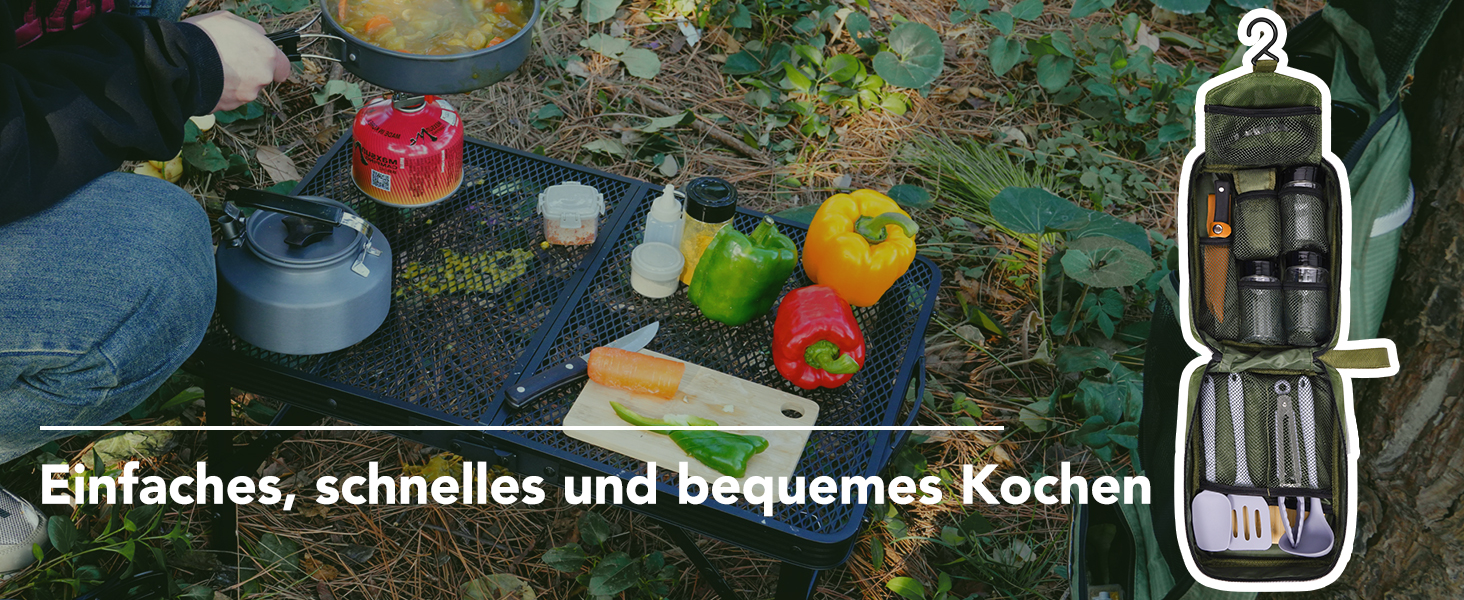 Набір кухонного приладдя для кемпінгу EASTSTORM з водонепроникним чохлом – компактний та легкий посуд для кемпінгу, відпочинку на природі, походів та альпінізму. Ідеальний набір для рюкзаків