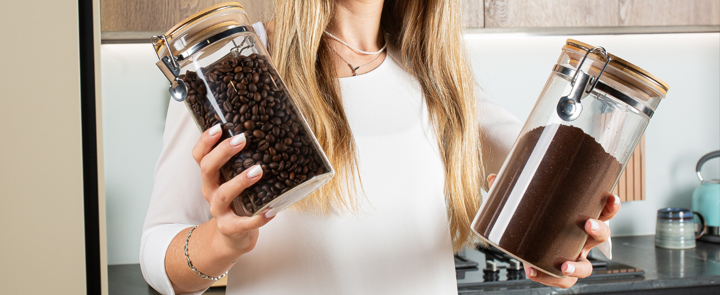 Набір кавових контейнерів Deco haus® 2 шт. з етикетками, 1,3 л - для кави, цукру, борошна, мюслі. Повітряно-непроникні контейнери для зберігання продуктів.