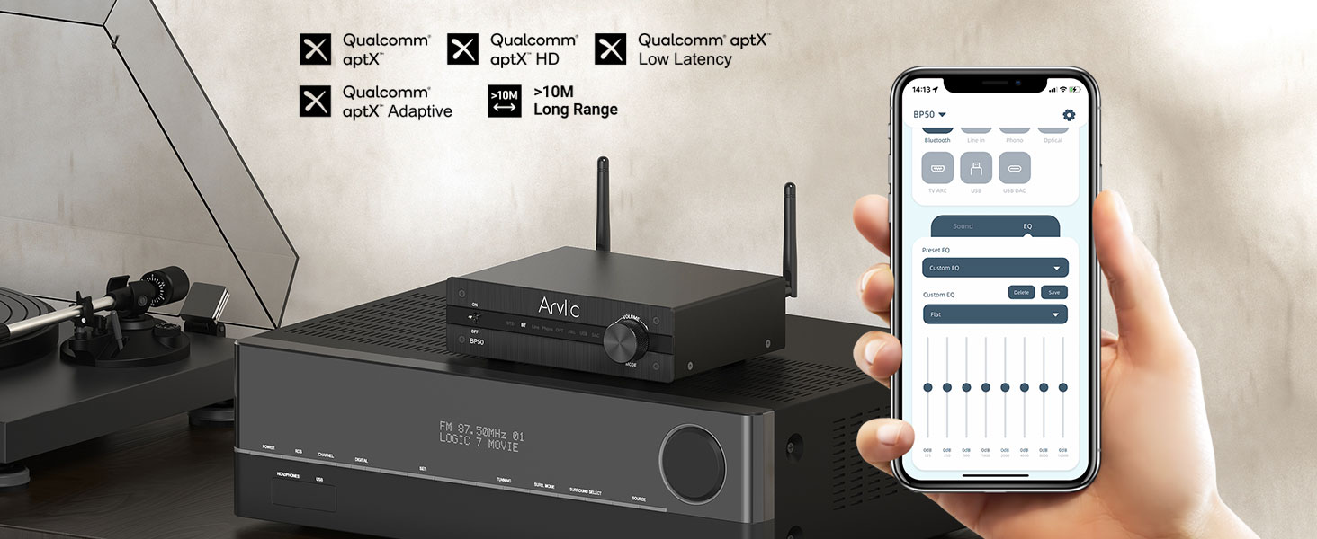 Arylic BP50 Bluetooth 5.2 Аудіоприймач для стереосистем з aptX, HDMI ARC, Phono входом та Free App. Bluetooth аудіоадаптер з DAC, RCA виходи для AV-ресивера або стерео-попереджувача.