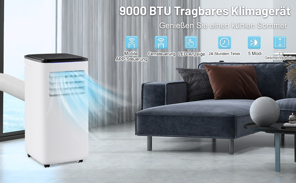 Мобільний кондиціонер COSTWAY 9000 BTU з витяжним шлангом: 4-в-1 (охолодження, вентилятор, обігрів, осушувач), з режимом сну, таймером 24 години, пультом дистанційного керування