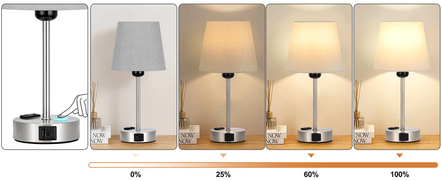Настільна лампа Kakanuo з торшетом, 2 шт., з USB-портами та диммуванням, для спальні, вітальні, дитячої кімнати, офісу, тканинний абажур, колір: сірий-сріблястий