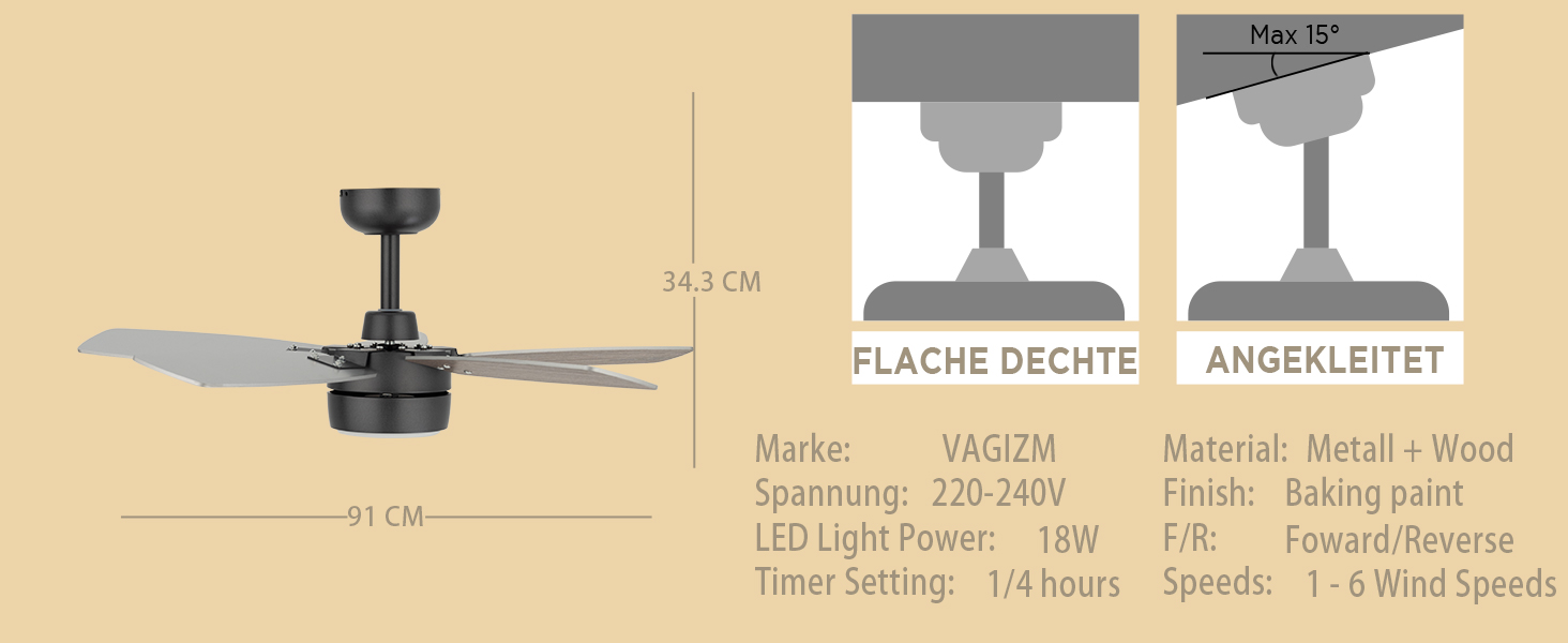 Стеляний вентилятор для маленьких кімнат: сучасний вентилятор з регульованим світлом та пультом керування – реверсивний, тихий з 6 швидкостями для маленьких спалень - 230V (Бронза+волоський горіх, 91 см)