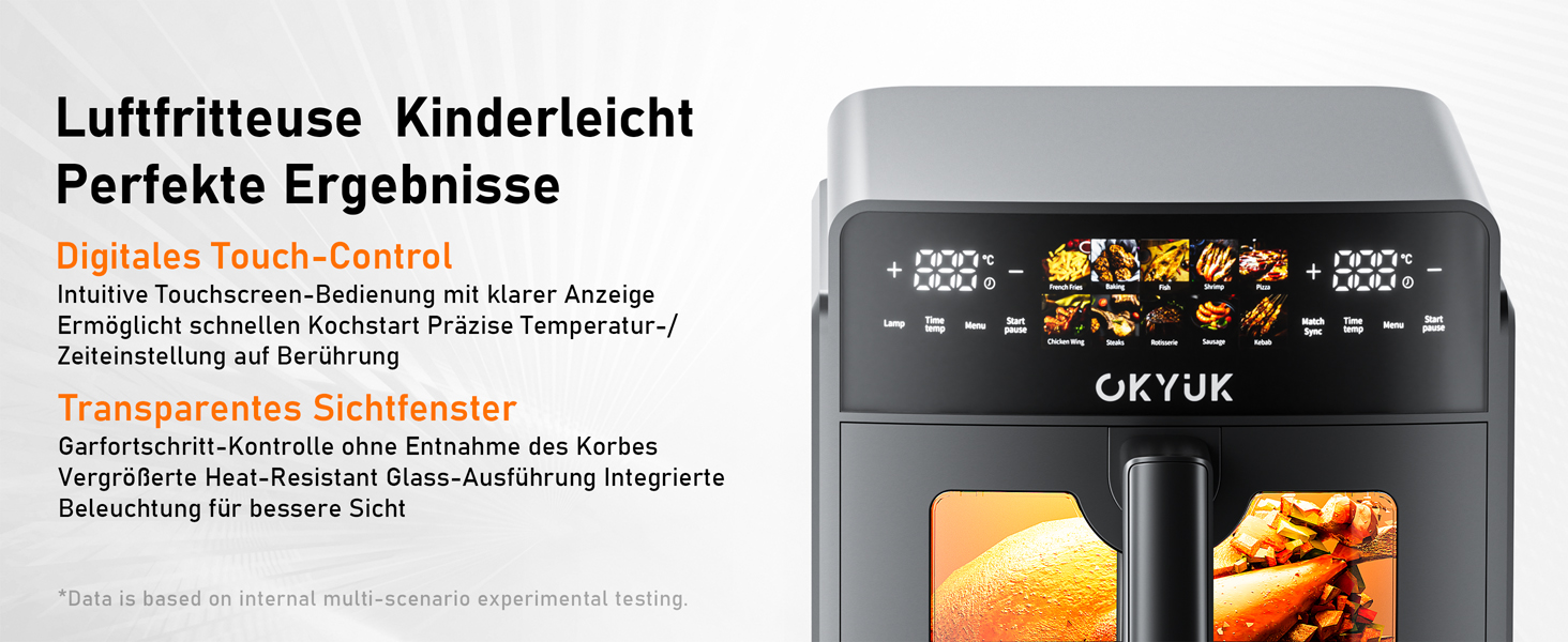 Фритюрниця без олії з 2 камерами на 10 літрів, Airfryer з 2 відсіками по 5л, тиха робота, 10 програм, приготування 2 страв одночасно, з оглядовим вікном, 3D циркуляція повітря
