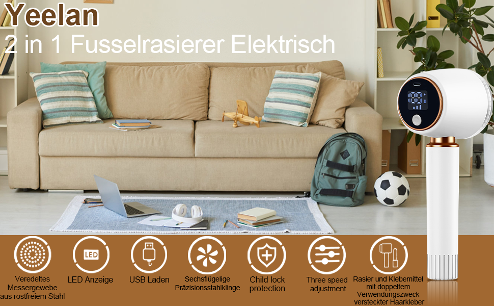 Електричний видальник ворсу 2-в-1 з роликом, 6 лез, 3 швидкості, LED-дисплей, для різних тканин