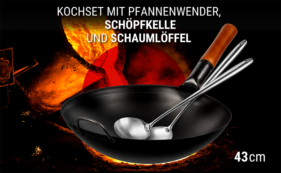 Набір кухонних аксесуарів YOSUKATA: вок, шумовка, лопатка, спідниця для воку. Нержавіюча сталь 304, 43 см. Шумовка, лопатка, спідниця для воку, супова ложка. Безпечно для миття в посудомийній машині.
